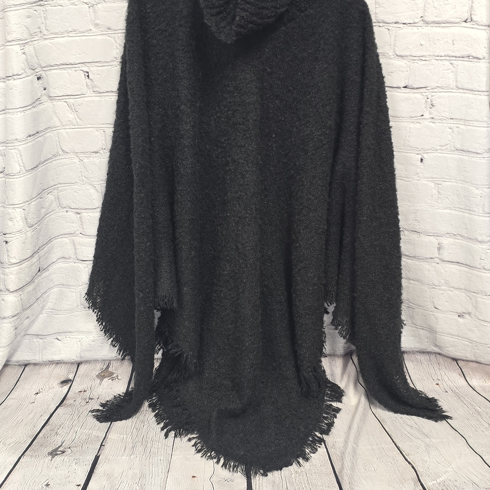 One Size Black Cowl Neck Boucle Fringed Poncho